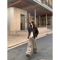 批发实拍实价 廓形美式机车高级感<b class='q'>皮衣</b>外套夹克+复古豹纹休闲裤