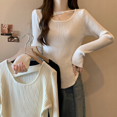 批发实拍包芯纱长袖上衣<b class='q'>针织衫</b>女款<b class='q'>打底衫</b>女秋冬2025不规则领保暖毛衣