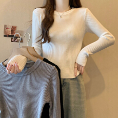 批发实拍包芯纱长袖上衣<b class='q'>针织</b>衫女款打底衫女秋冬2025短款圆领保暖毛衣