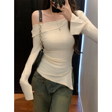 批发实拍 实价40支纯棉210克-92棉/8氨纶长袖<b class='q'>T</b><b class='q'>恤</b>女斜<b class='q'>露肩</b>不规则