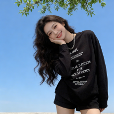 批发港风时髦字母印花宽松中长款长袖<b class='q'>T</b><b class='q'>恤</b>ins欧美高街阔版上衣潮