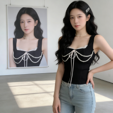 批发2026春夏蕾丝拼接珍珠吊带背心女内搭方领绑带收腰<b class='q'>显瘦</b>打底衫