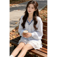 批发法式层叠木耳边领格子衬衫女2026春夏小众设计感独特绝美<b class='q'>长袖</b>上衣