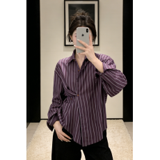 批发法式复古气质紫色条纹<b class='q'>长袖</b>衬衫女2026春季新款小众别致polo领上衣