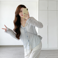 批发条纹<b class='q'>开衫</b>女季莱赛尔防晒小外搭罩衫针织外套上衣