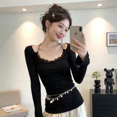 批发纯欲设计感假两件蕾丝花边长袖T恤女修身<b class='q'>打底衫</b>上衣