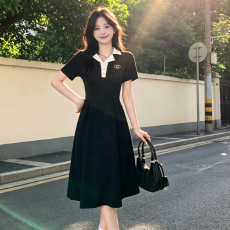批发大码学院风收腰显瘦polo<b class='q'>连衣裙</b>女夏季新款胖MM梨形身材黑色长裙子