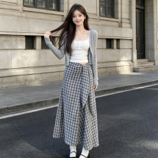 批发不规则<b class='q'>复古</b>格子半身裙夏季遮胯显瘦中长款a字裙子