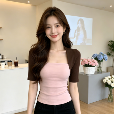 批发美式辣妹假两件撞色<b class='q'>中袖</b>T恤女夏设计感显瘦紧身半袖上衣