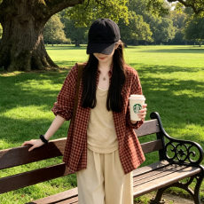 批发慵懒风红色格子长袖衬衫<b class='q'>外套</b>女装夏季高级感衬衣宽松显瘦<b class='q'>上衣</b>开衫