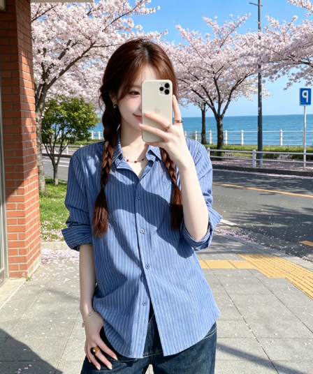 원본 워싱 면 100% 레트로 블루 스트라이프 긴팔 여성 셔츠 봄 여름 얇은 스타일 새로운 오픈 가디건 셔츠 맨위