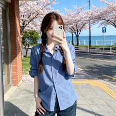 批发原版水洗全棉 复古蓝条纹长袖衬衫女<b class='q'>春</b>夏薄款新款开衫衬衣上衣