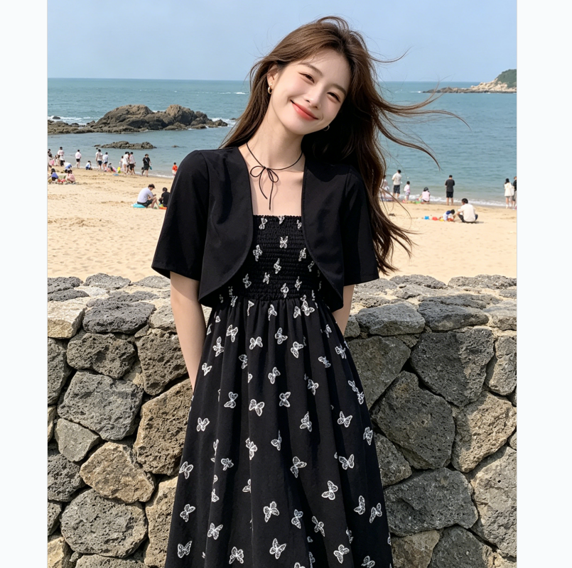 빅 사이즈 프랑스식 꽃무늬 슬립 드레스 여름 지방 mm 허리 수축 품격 드레스 투피스 세트