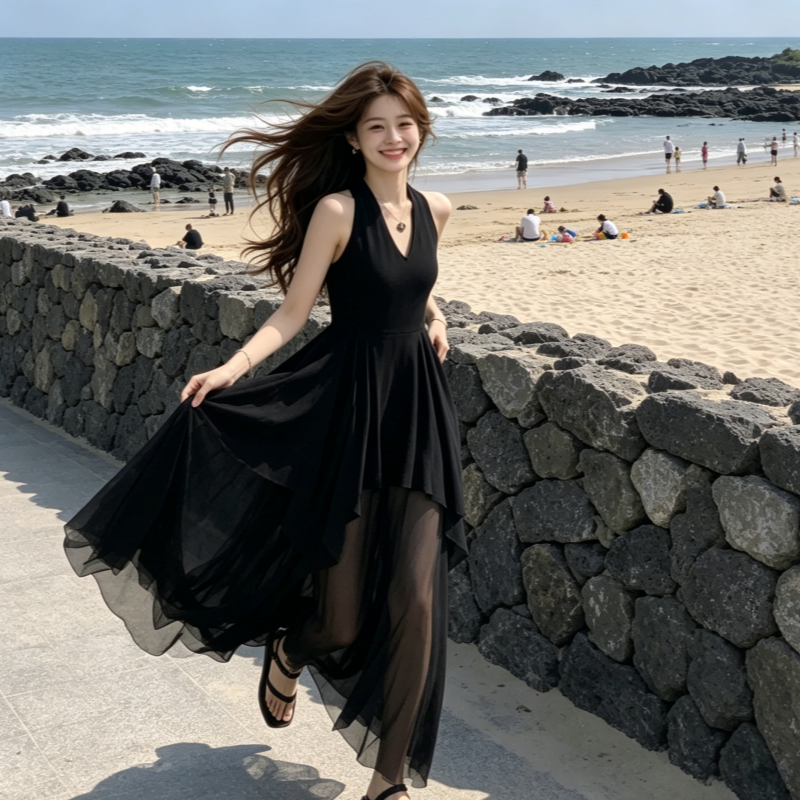 순수한 욕망 바람 섹시함 V넥 행침 목 여성 드레스 디자인 센스 패션 불규칙 품격 허리 수축 예복 롱 스커트