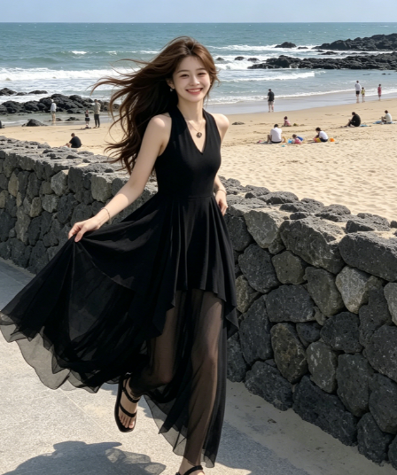 순수한 욕망 바람 섹시함 V넥 행침 목 여성 드레스 디자인 센스 패션 불규칙 품격 허리 수축 예복 롱 스커트