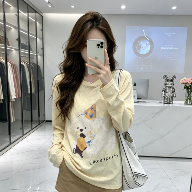 느슨함 센스 강아지 프린트 황색 긴팔 맨위 여성 한 부서 루즈핏 자외선 차단 다용도 라운드 넥 티셔츠