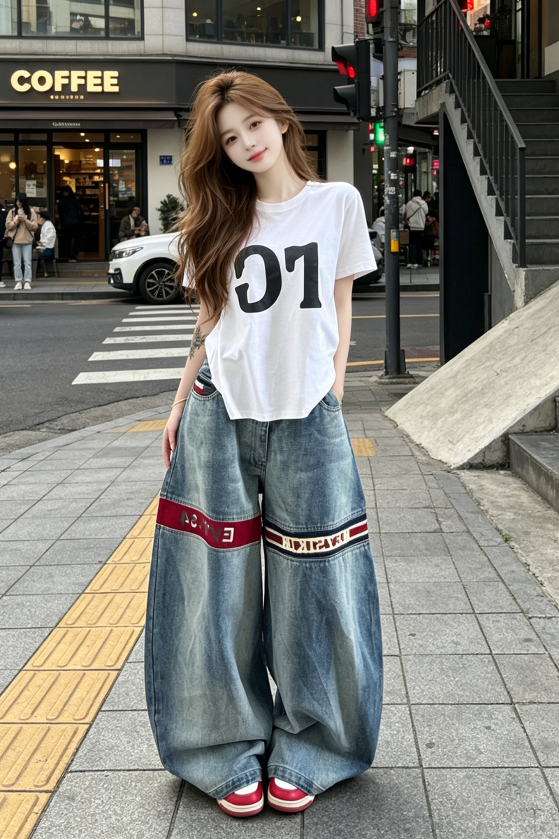 아메리칸 레트로 디자인 센스 바지 아이들 2026 년 새로운 올해 인기 폭발 하이웨이스트 루즈핏 넓은 다리 청바지