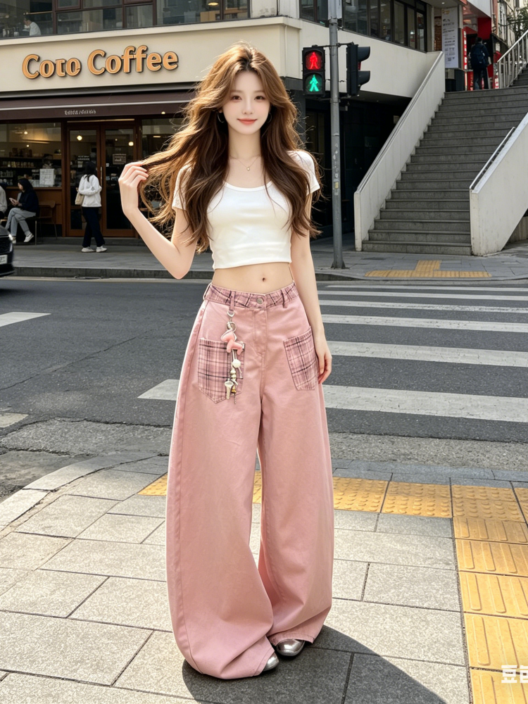 체크무늬 패치워크 핑크색 넓은 다리 청바지 바지 여자 2026 봄 새로운 하이웨이스트 루즈핏 모통이 칼 바닥 청소 바지