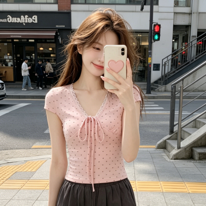 한 부서 핫걸 패치워크 레이스 하트 스트랩 반팔 티셔츠 여성 여름 몸매 가꾸기 작은 대중 슬림해 보이는 맨위