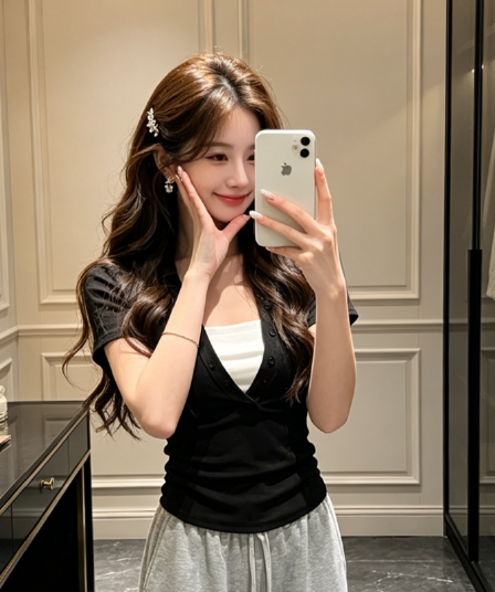 순면 아메리칸 검정색 페이크 레이어드 반팔 티셔츠 여성 여름 핫걸 바람 몸매 가꾸기 슬림해 보이는 다용도 맨위