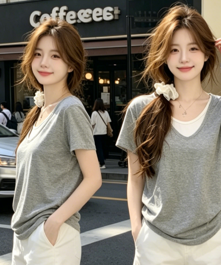 느긋한 바람 회색 긍정적 인 어깨 반팔 티셔츠 여성 2026 여름 섹션 V넥 디자인 연령 감소 표지 배 작은 셔츠 페이크 레이어드 맨위
