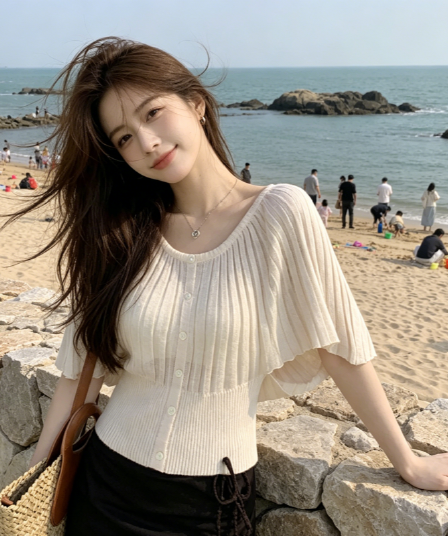 슈퍼 잘 생긴 플리츠 얼음 실크 반팔 티셔츠 여성 여름 새로운 패션 허리 수축 몸매 가꾸기 슬림해 보이는 다용도 니트 맨위