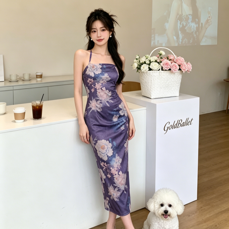 새로운 중식 레트로 행침 목 슬립 진주 여성 드레스 허리 수축 품격 고급 센스 보라색 이후 트임