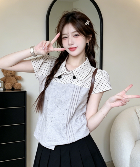 한 부서 도트 무늬 반팔 여성 셔츠 여름 착용 가져 가라. 플리츠 싸움 캐치 배색 셔츠 슬림해 보이는 피터 팬 칼라 맨위