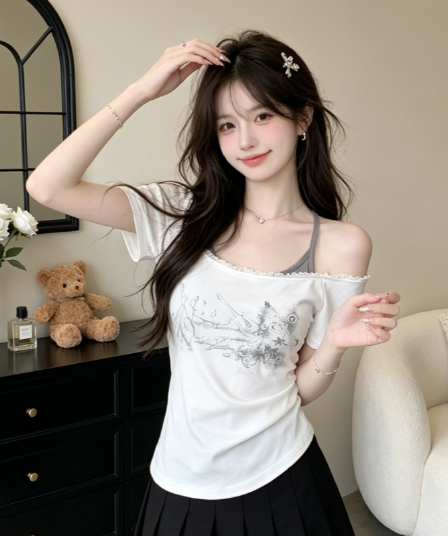 핫걸 알파벳 프린트 반팔 티셔츠 새로운 행침 목 페이크 레이어드 레이스 레이스 몸매 가꾸기 맨위