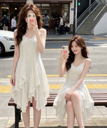 두꺼운 쉬폰 원단 네리 레이스 패치워크 디자인 센스 슬립 여성 드레스 봄 몸매 가꾸기 민소매 치마