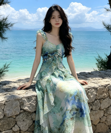 해변가 휴가 바람 프린트 작은 날다 소매 슬립 여성 드레스 2026 여름 새로운 허리 수축 요정 길다 치마