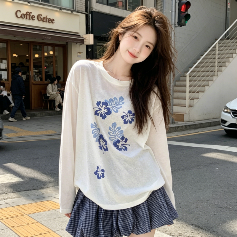 눈꽃 면 화이트 꽃 프린트 얇은 스타일 자외선 차단 긴팔 티셔츠 여성 여름 맨위