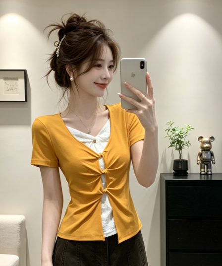 여름 새로운 페이크 레이어드 레이스 홀로우 아웃 비틀림 긍정적 인 어깨 반팔 티셔츠 여성 잘 생긴 아름다운 몸매 가꾸기 달콤한 매운맛 맨위
