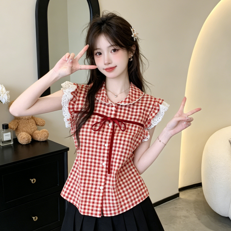 한 부서 레트로 빨간색 체크무늬 반팔 여성 셔츠 여름 새로운 작은 키 프랑스식 베이비 칼라 아름다운 맨위 트렌디