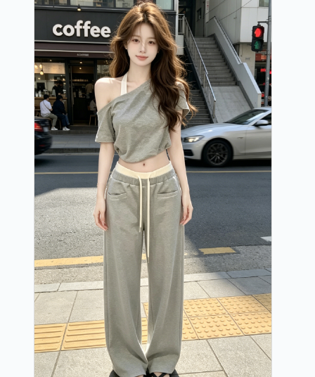 그레이트 통해보기 가져 가라. 전체 집합 2026 새로운 회색 비스듬한 어깨 의류 여성 여름 와이드 레그 팬츠 캐주얼 세트