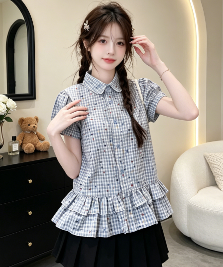 새로운 여름 일본과 한국 부서 프릴 반팔 여성 셔츠 자이언트 잘 생긴 루즈핏 슬림해 보이는 아름다운 맨위