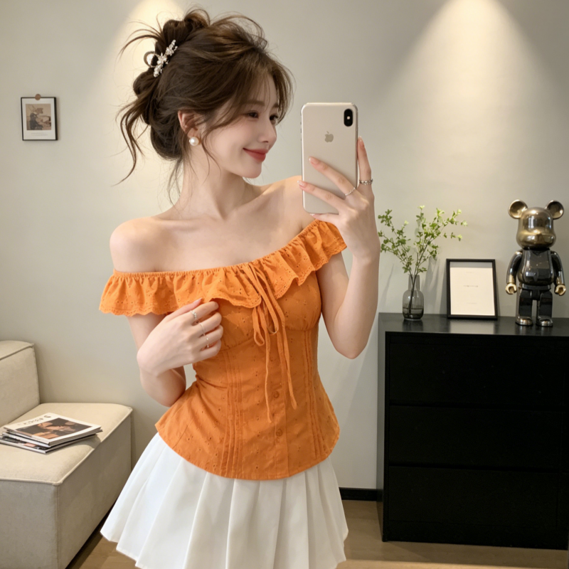 한여름 달콤한 오렌지색 활력 디스플레이 화이트 2026 여름 새로운 맨위 여성 프랑스식 프릴 칼라 몸매 가꾸기 셔츠