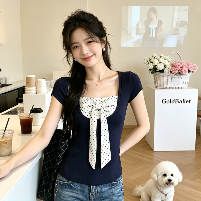 아메리칸 블루 색상 u 칼라 페이크 레이어드 도트 무늬 긍정적 인 어깨 반팔 티셔츠 여성 여름 새로운 맨위 반팔 여성 여름