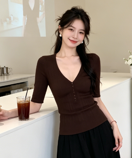 면 색깔 면사 수직 질감 v 종류 반팔 리브 수신 측면 몸매 가꾸기 슬림해 보이는 니트 스웨터 여성 여름