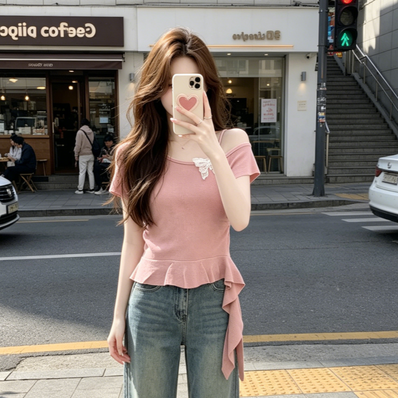 디자인 센스 나비 반팔 티셔츠 여성 여름 슬립 레이스 니트 스웨터 불규칙 프릴 잘 생긴 맨위