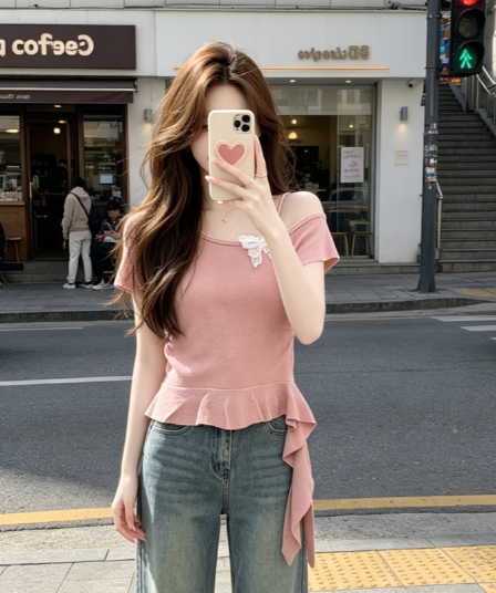 디자인 센스 나비 반팔 티셔츠 여성 여름 슬립 레이스 니트 스웨터 불규칙 프릴 잘 생긴 맨위