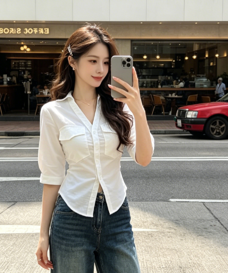 원본 품질 아메리칸 핫걸 바람 중간 소매 여성 셔츠 가을 새로운 스트랩 허리 수축 디자인 센스 맨위