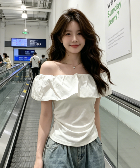 다용도 오프숄더 몸매 가꾸기 슬림해 보이는 오프숄더 핑크색 주름 쇼트 스타일 맨위 여성 분위기 센스 프릴 반팔 티셔츠