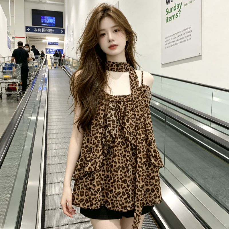 핫걸 레트로 레오파드 무늬 프릴 캐미솔 여름 품격 백리스 루즈핏 슬림해 보이는 외출용 민소매 맨위