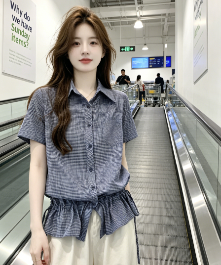 핫걸 파란색 체크무늬 긍정적 인 어깨 반팔 여성 셔츠 여름 몸매 가꾸기 허리 수축 디자인 센스 쇼트 스타일 셔츠 맨위