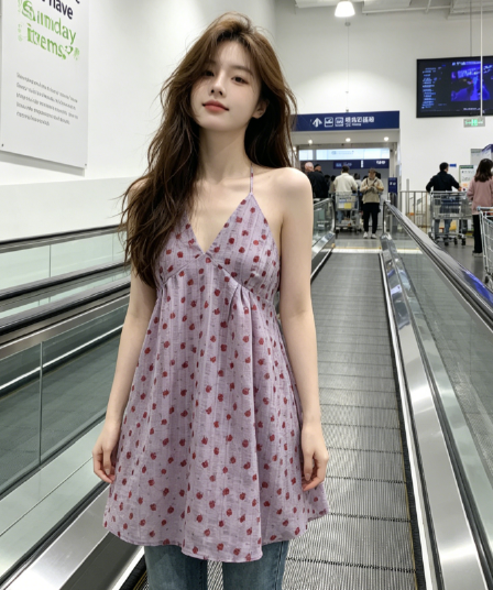 보라색 행침 목 꽃무늬 드레스 아이들 여름 2026 새로운 프랑스식 해변가 휴가 아름다운 백리스 슬립 미니 스커트