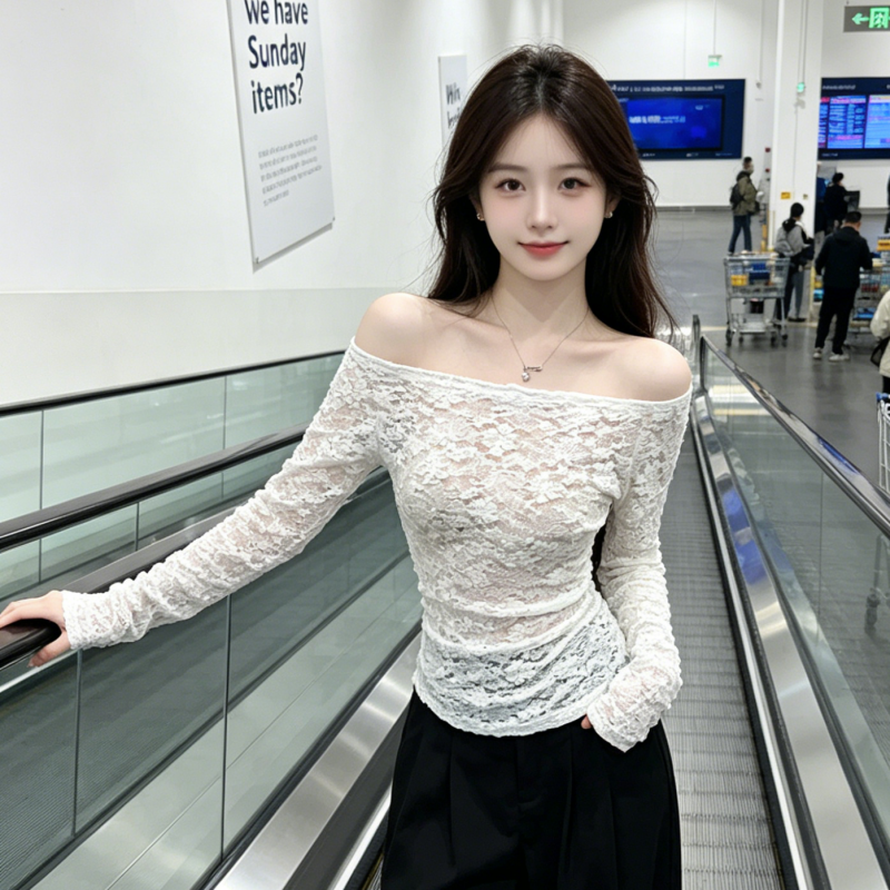 2026 새로운 한국 달콤한 매운맛 바람 소녀 레이스 기본 셔츠 오프숄더 다용도 슬림해 보이는 둘 착용 홀로우 아웃 화이트 맨위