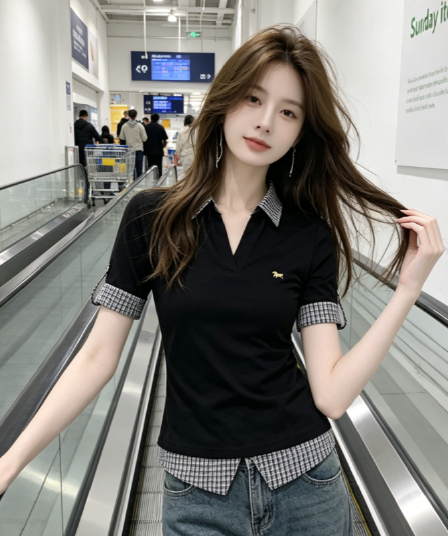 유럽 한 페이크 레이어드 POLO 칼라 반팔 티셔츠 여성 Z아 어깨 몸매 가꾸기 반소매 체크무늬 패치워크 맨위 여성