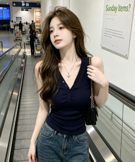 몸매 가꾸기 디자인 센스 작은 대중 민소매 맨위 2026 새로운 프랑스식 핫걸 V넥 단추 캐미솔
