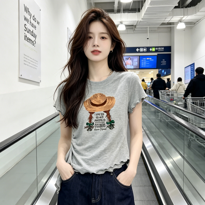밝은 회색 밀짚모자 전갈 프린트 불규칙 반팔 티셔츠 여성 2026 새로운 여름 한 부서 ins 디자인 센스 맨위